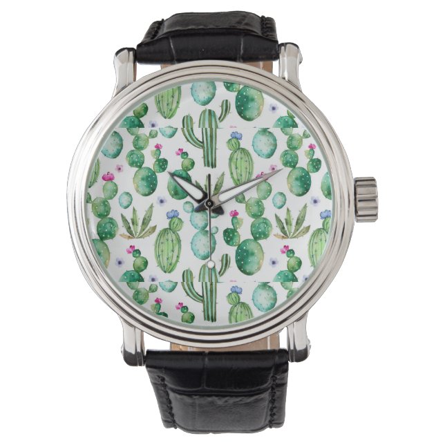 Watercolor Cactus Plants Pattern Watch (Front)
