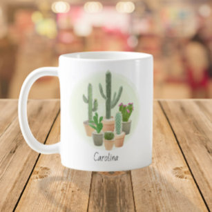 Watercolor Cactus Plants Succulents Custom Name Coffee Mug