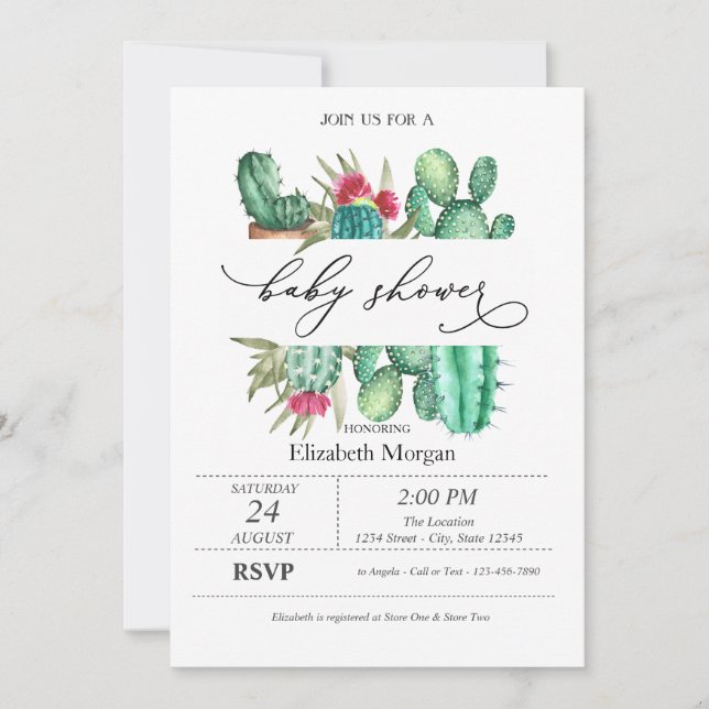 Watercolor Cactus Polka Dots Baby Shower Invitation (Front)