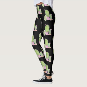 Watercolor Cactus Pot Plant Pattern Black Leggings