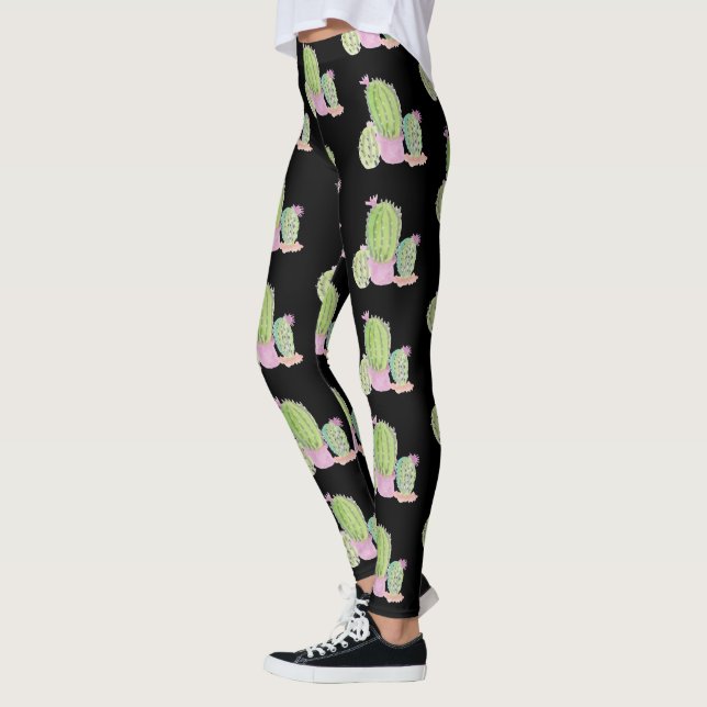 Watercolor Cactus Pot Plant Pattern Black Leggings (Left)