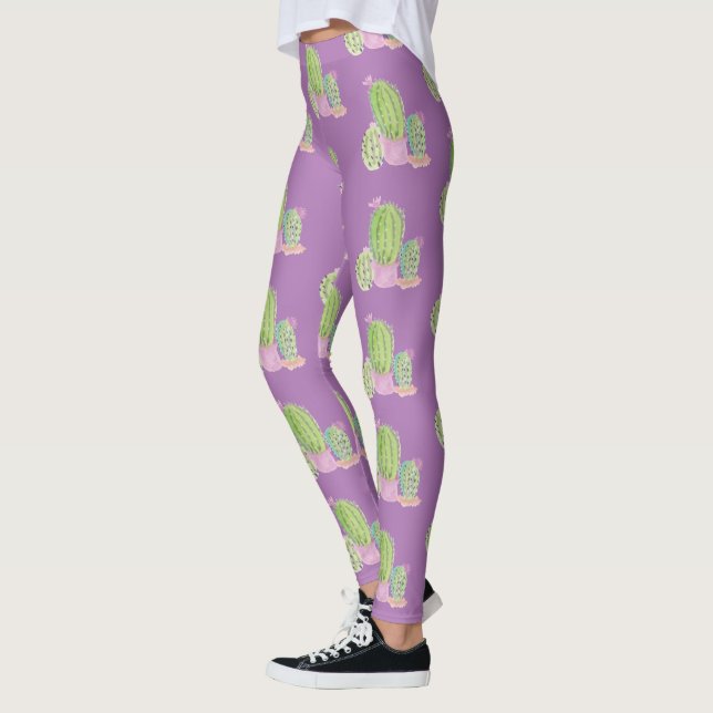 Watercolor Cactus Pot Plant Pattern Purple Leggings (Left)
