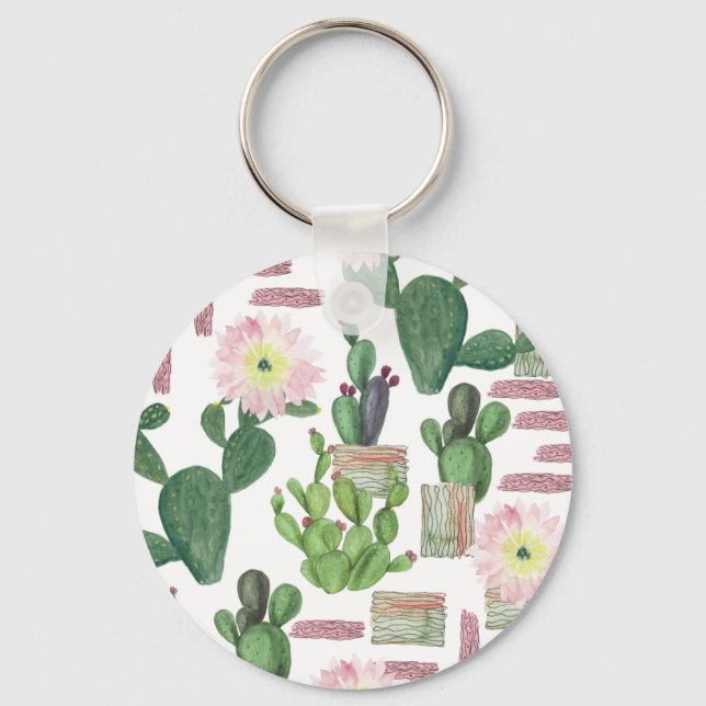 Watercolor Cactus Seamless Painting Pattern Key Ring (Front)