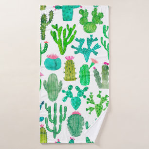 Watercolor cactus seamless pattern. Cacti backgrou Bath Towel