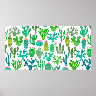 Watercolor cactus seamless pattern. Cacti backgrou Poster