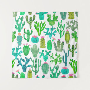 Watercolor cactus seamless pattern. Cacti backgrou Tapestry