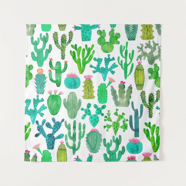 Watercolor cactus seamless pattern. Cacti backgrou Tapestry (Front)