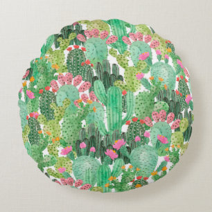 Watercolor cactus seamless pattern round cushion