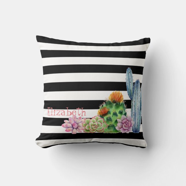 Watercolor Cactus,Succulent Black White Stripes  Cushion (Front)