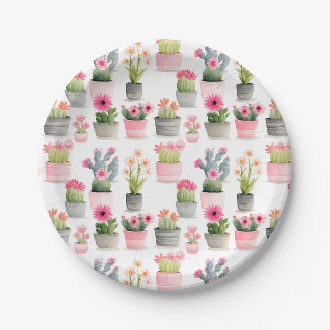 Watercolor Cactus Succulent Pattern Pink Western Paper Plate (Front)