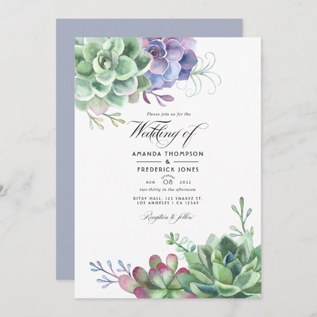 Watercolor Cactus Succulent Plants Wedding Photo Invitation (Front/Back)