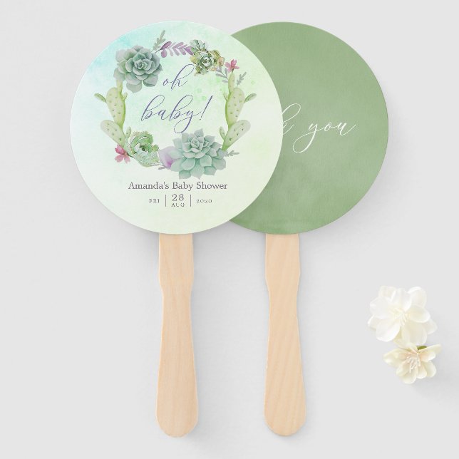 Watercolor Cactus Succulents Baby Shower Hand Fan (Front and Back)