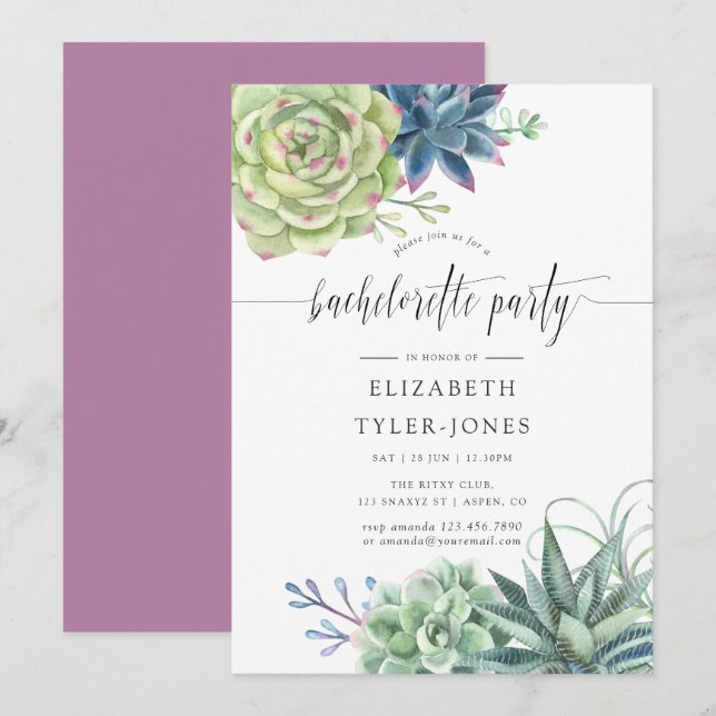 Watercolor Cactus Succulents Bachelorette Party Invitation (Front/Back)