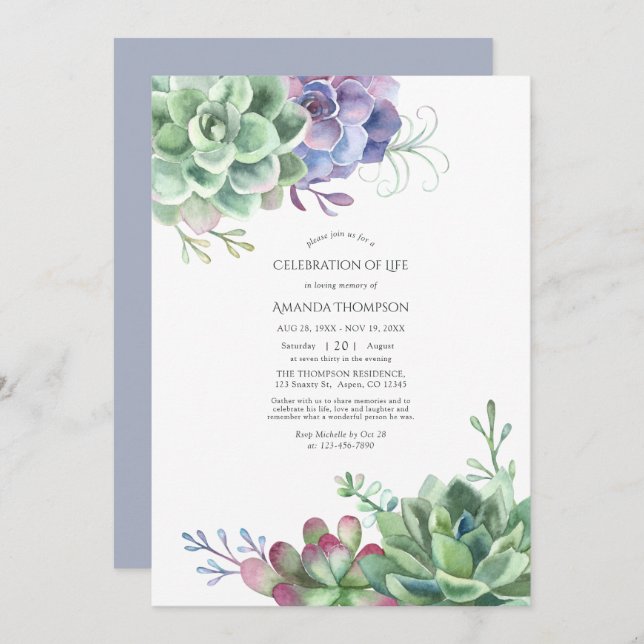 Watercolor Cactus Succulents Celebration of Life Invitation (Front/Back)