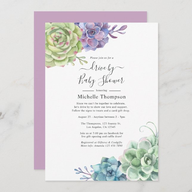 Watercolor Cactus Succulents Drive By Shower Invitation (Front/Back)