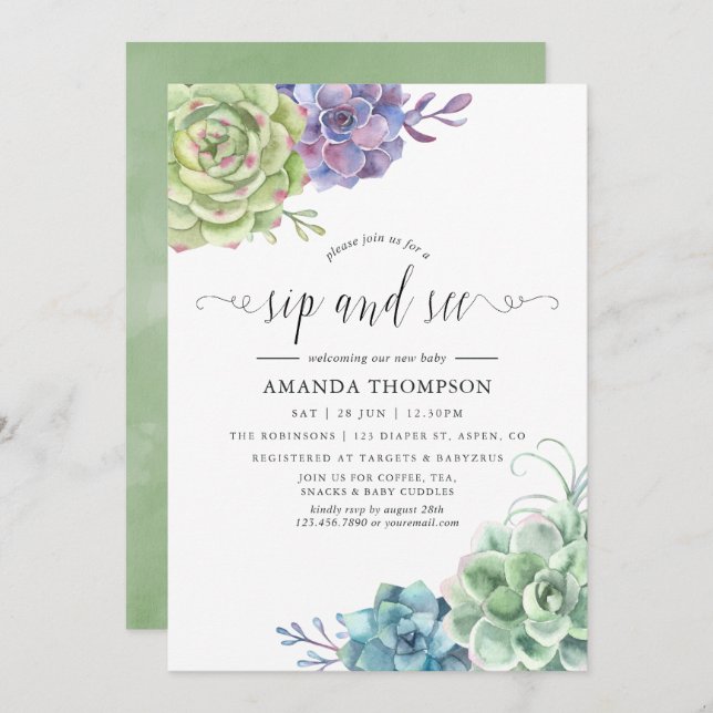 Watercolor Cactus Succulents Sip and See Invitation (Front/Back)