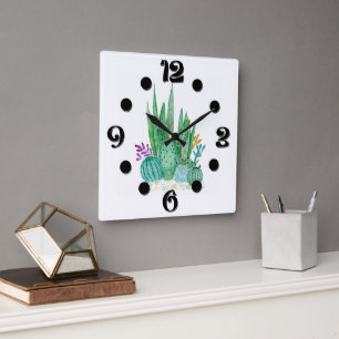 Watercolor , cactus , succulents square wall clock