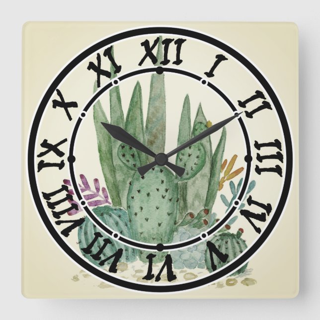 Watercolor , cactus , succulents square wall clock (Front)