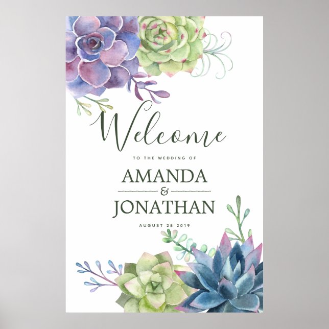 Watercolor Cactus Succulents Wedding Welcome Poster (Front)