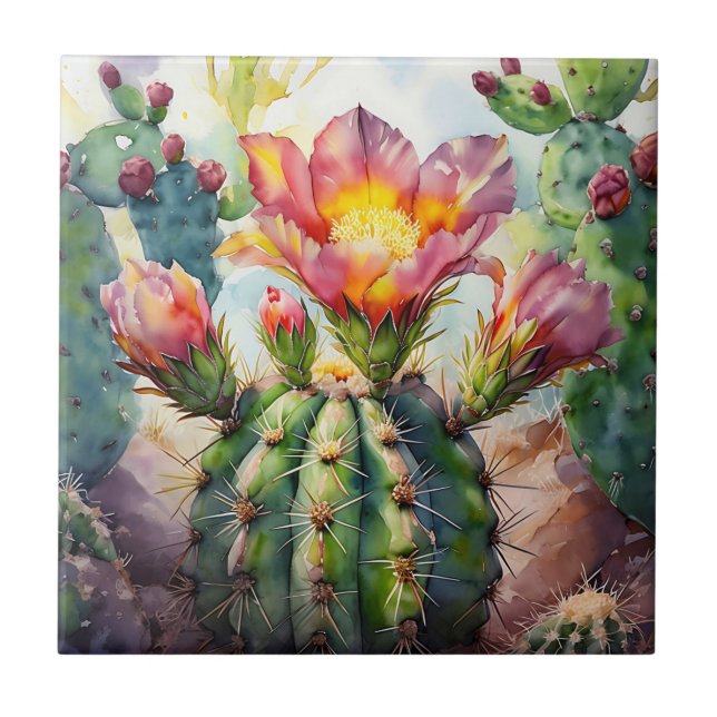 Watercolor Cactus with Vibrant Desert Flowers Ceramic Tile (Front)