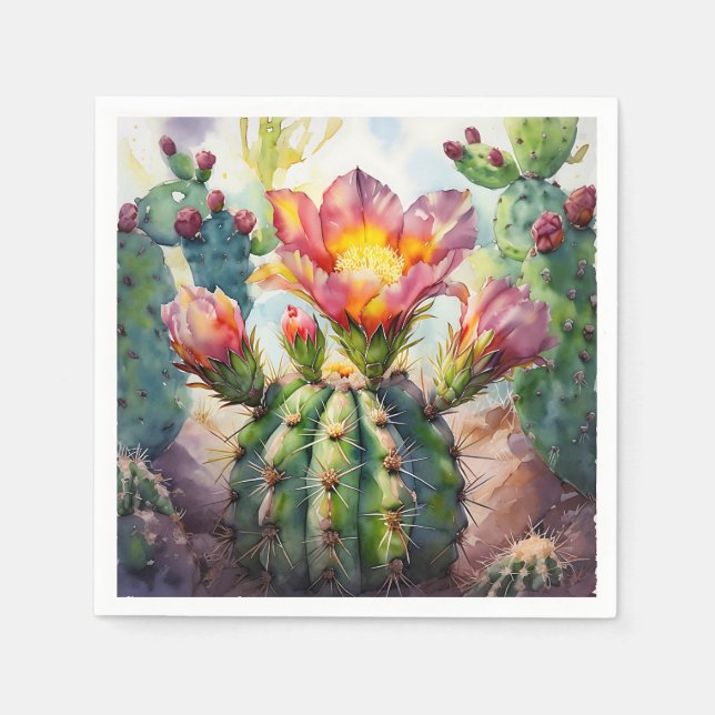 Watercolor Cactus with Vibrant Desert Flowers Napkin (Front)