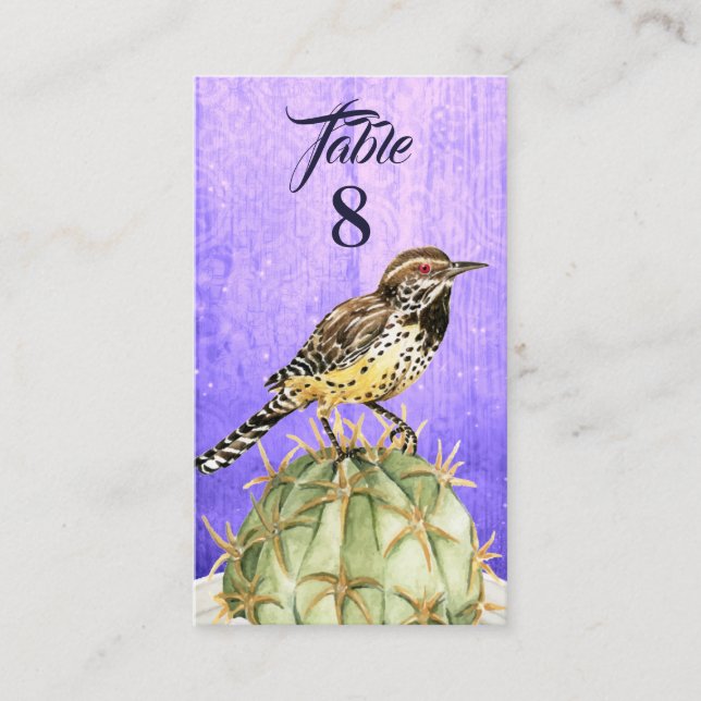 Watercolor Cactus with Wren Bird Wedding Place Card (Front)
