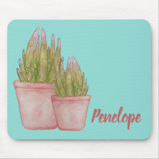 Watercolor Cactus with Your Name Pink and Aqua  Mouse Pad