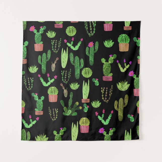 Watercolor Cactuses Plant Seamless Background Tapestry (Front)