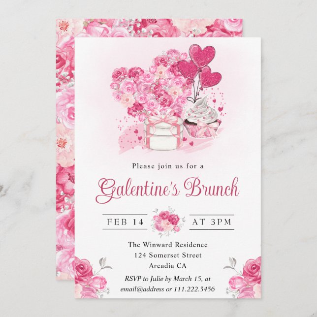Watercolor Cake and Gifts Galentine's Brunch Invitation (Front/Back)