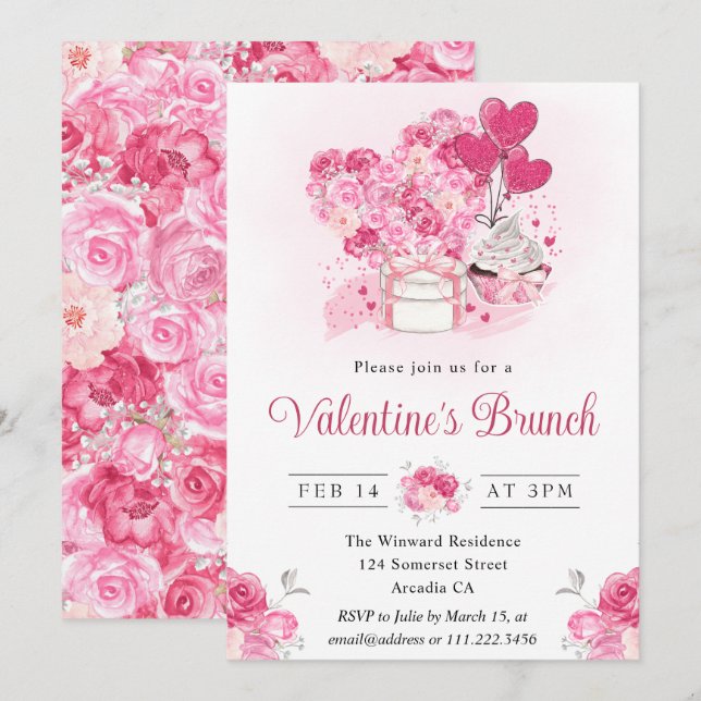 Watercolor Cake and Gifts Valentine's Brunch Invitation (Front/Back)