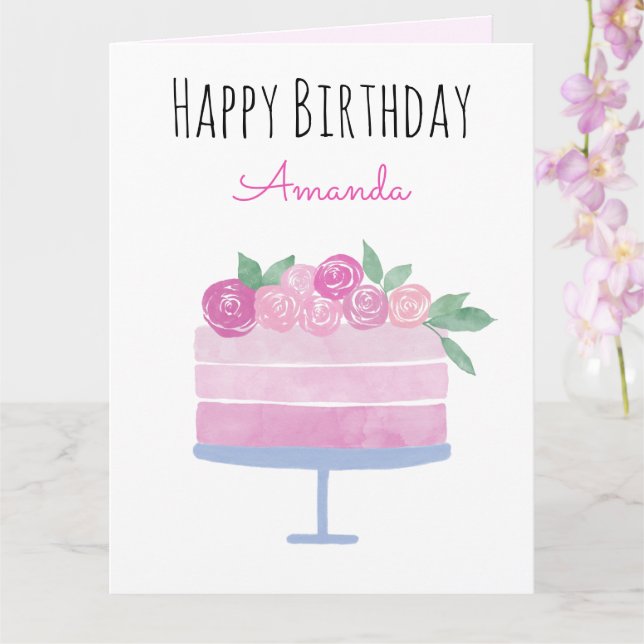Watercolor Cake and Pink Roses Birthday Card (Orchid)