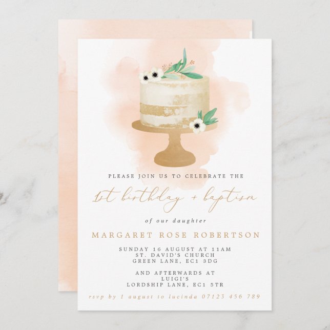 Watercolor Cake Girl's 1st Birthday & Baptism Invitation (Front/Back)