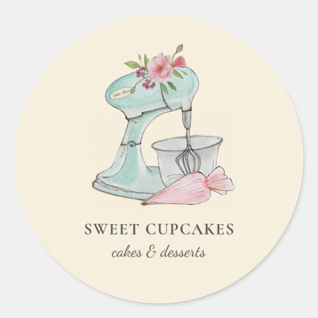 Watercolor Cake mixer Bakery peach Classic Round Sticker (Front)