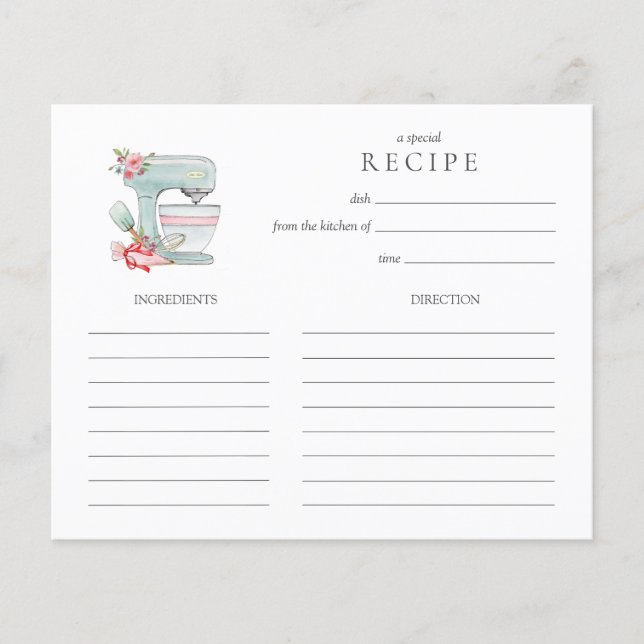 Watercolor Cake mixer  baking Recipe card (Front)