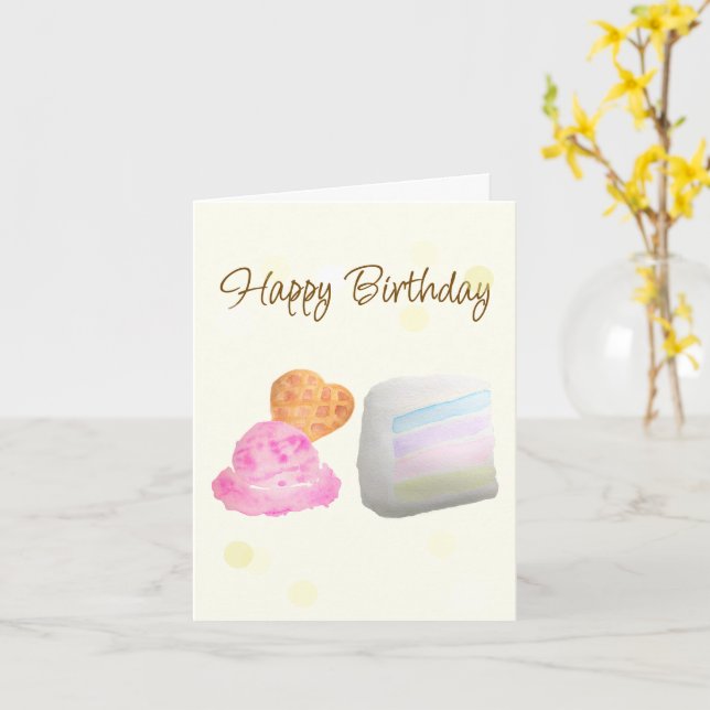 Watercolor Cake Slice and Ice Cream Birthday Card (Yellow Flower)