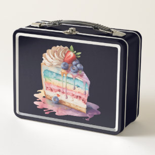Watercolor Cake Slice Delight: Metal Lunch Box