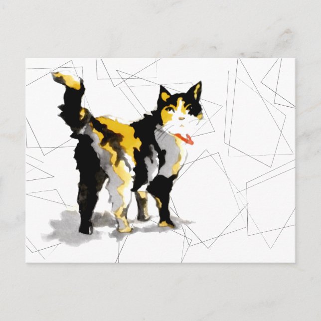Watercolor Calico Cat Geometric Shapes Postcard (Front)