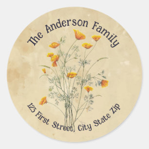 Watercolor California Poppy Wildflowers Garden Art Classic Round Sticker