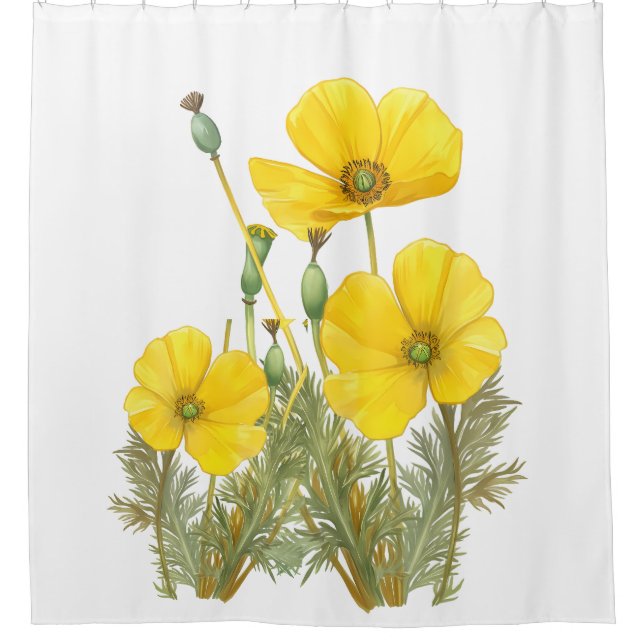 Watercolor California Poppy Yellow Green Flower Shower Curtain (Front)