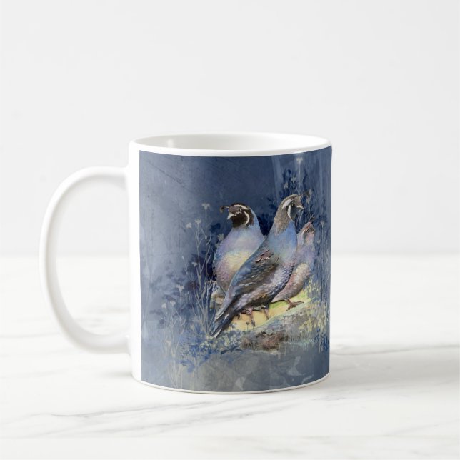 Watercolor California Quail Bird in Blue Coffee Mug (Left)