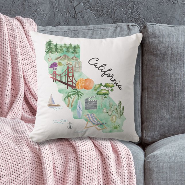 Watercolor California State Art Map Cushion (In situ)