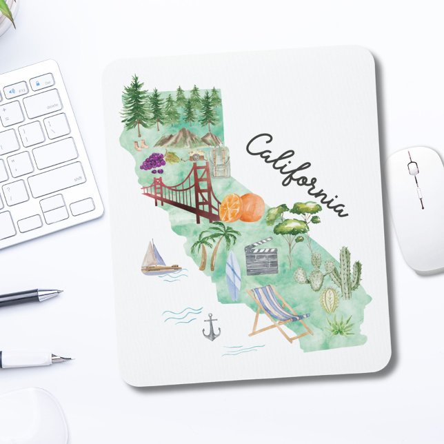 Watercolor California State Art Map Mouse Pad (In situ)