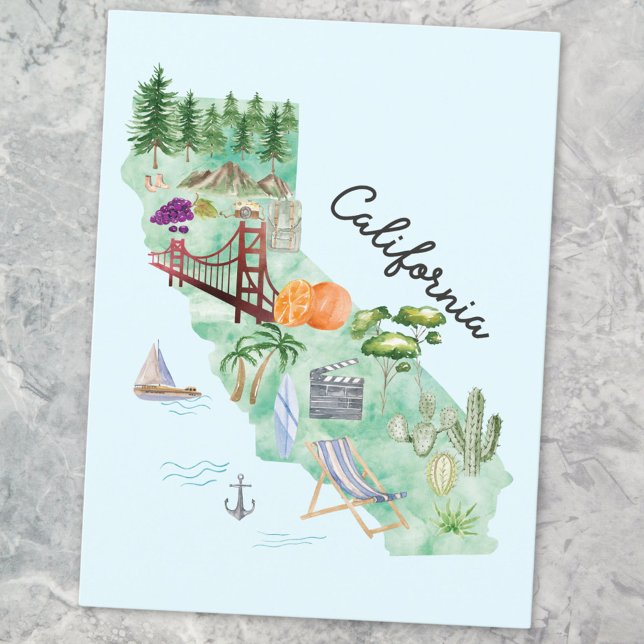 Watercolor California State Art Map Postcard (Close up)