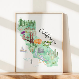 Watercolor California State Art Map Poster