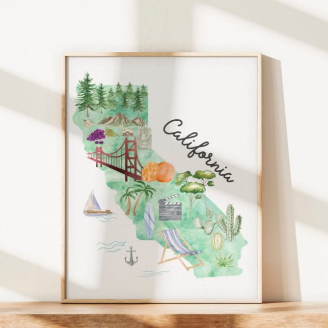 Watercolor California State Art Map Poster (In situ under sunlight)