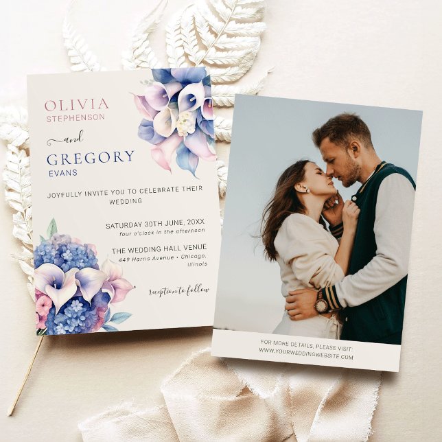 Watercolor Calla Lilies & Hydrangeas Photo Wedding Invitation (Creator Uploaded)
