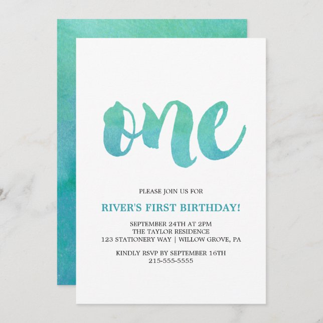 Watercolor Calligraphy First Birthday Invitation (Front/Back)