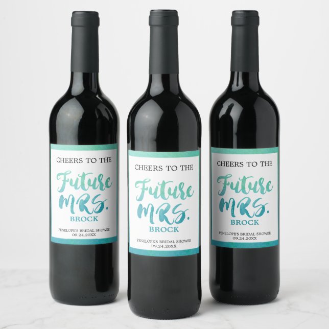 Watercolor Calligraphy Future Mrs Bridal Shower Wine Label (Bottles)
