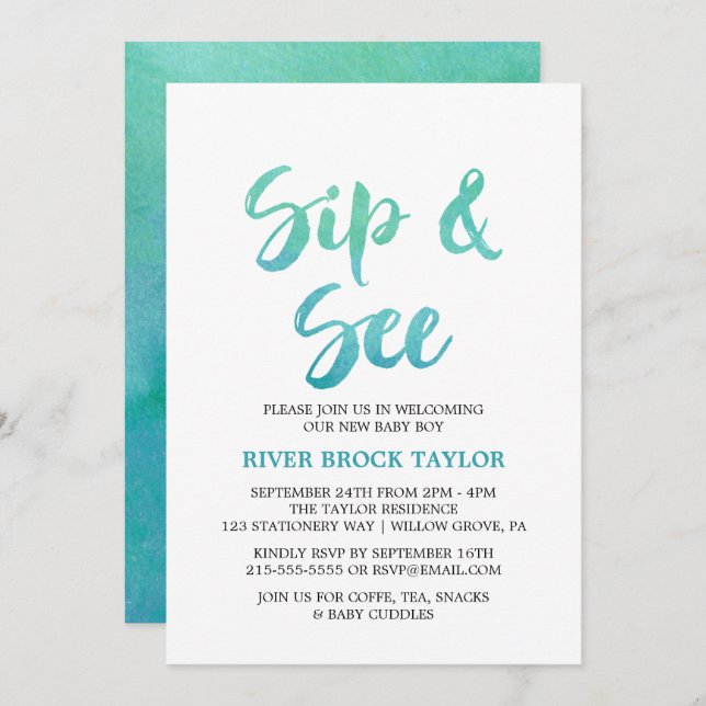Watercolor Calligraphy Sip and See Invitation (Front/Back)
