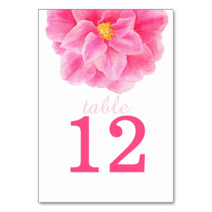 Watercolor camellia pink wedding table numbers